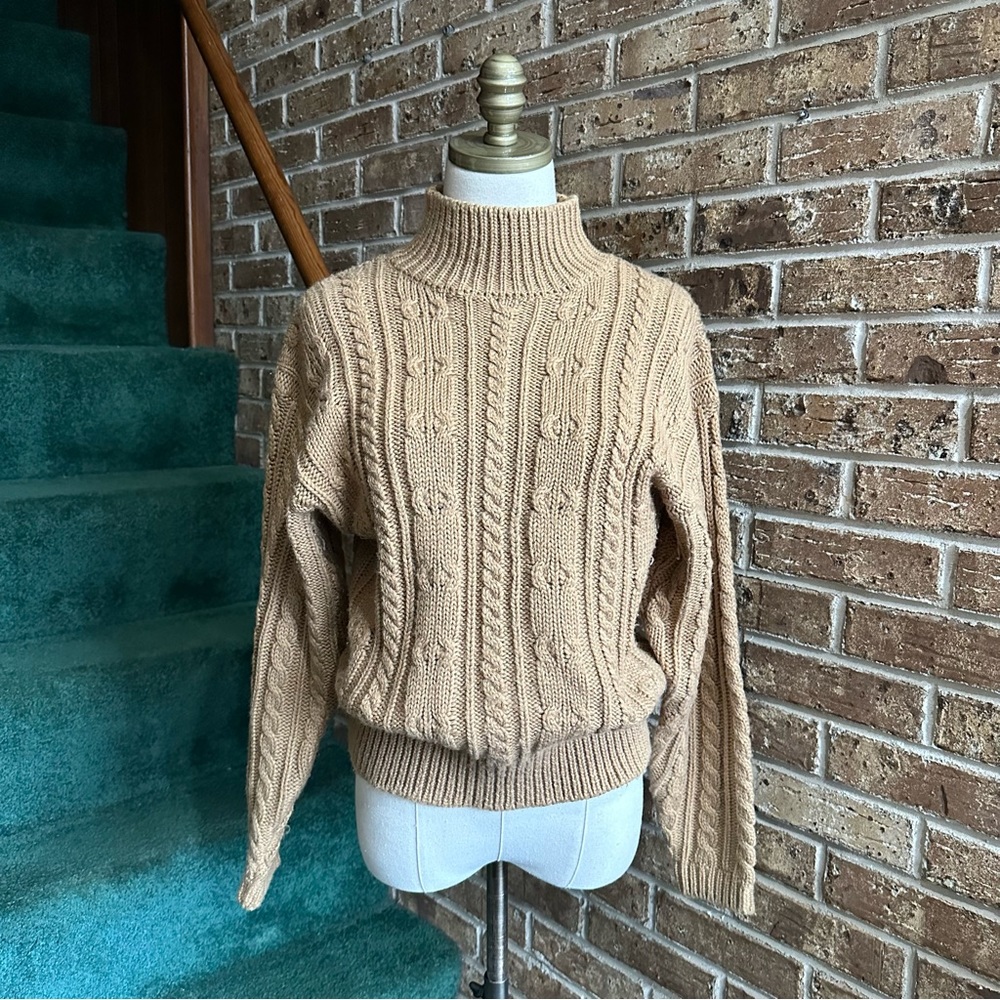 VTG Light Brown Chunky Cable Knit Turtleneck Wool Blend Sweater